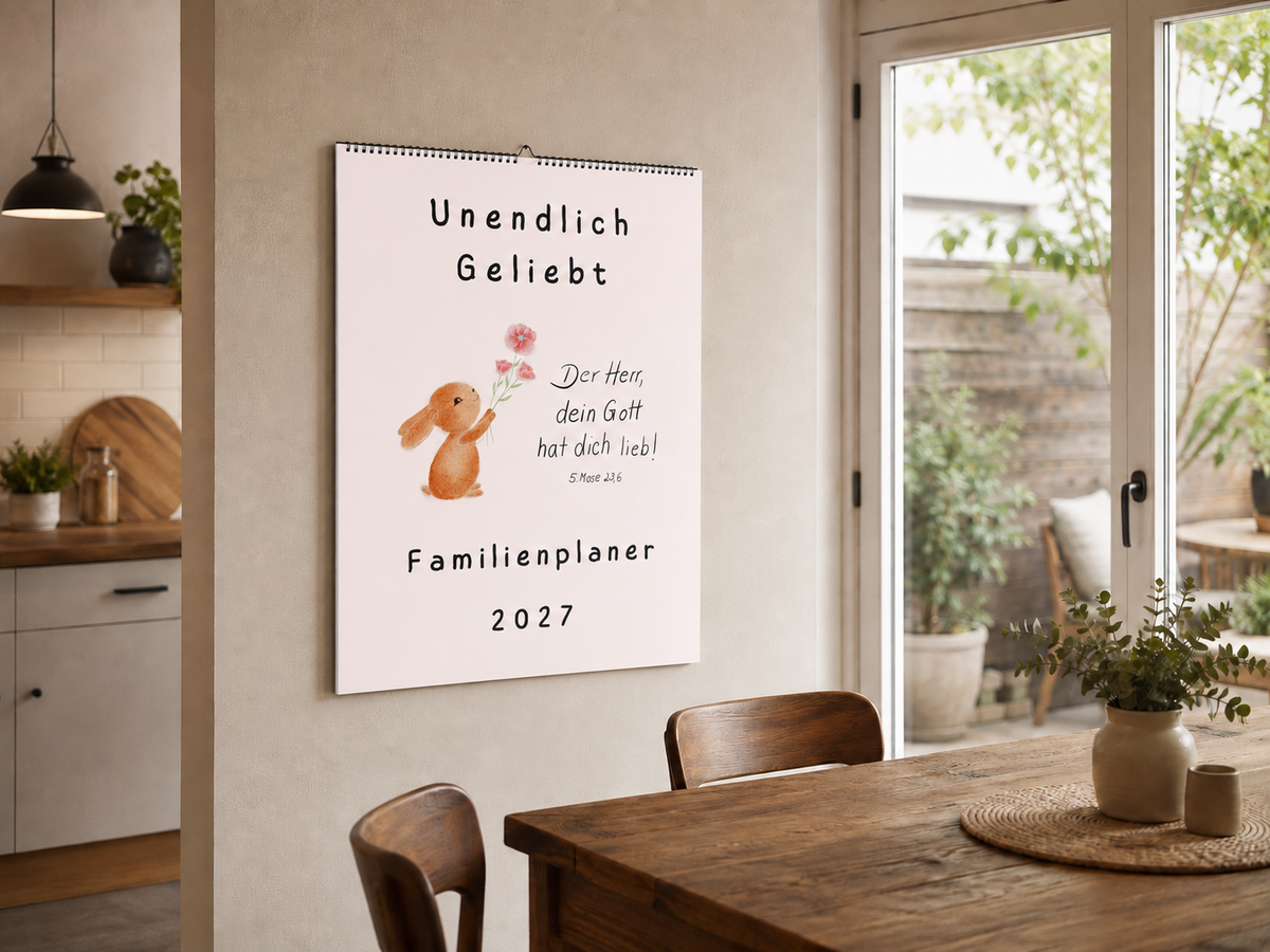 Familienplaner „Unendlich geliebt“ – Christlicher A3 Familienkalender mit Bibelversen & Tieren in Aquarell | 6 Spalten
