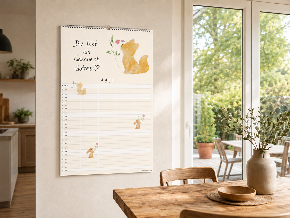 Familienplaner „Unendlich geliebt“ – Christlicher A3 Familienkalender mit Bibelversen & Tieren in Aquarell | 6 Spalten