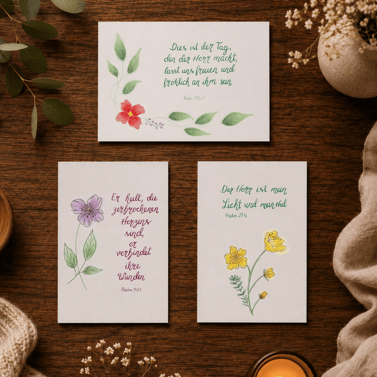 Christliches Kartenset „Hoffnung, Heilung & Freude“ – Psalm 27,1a, Psalm 147,3 & Psalm 118,24