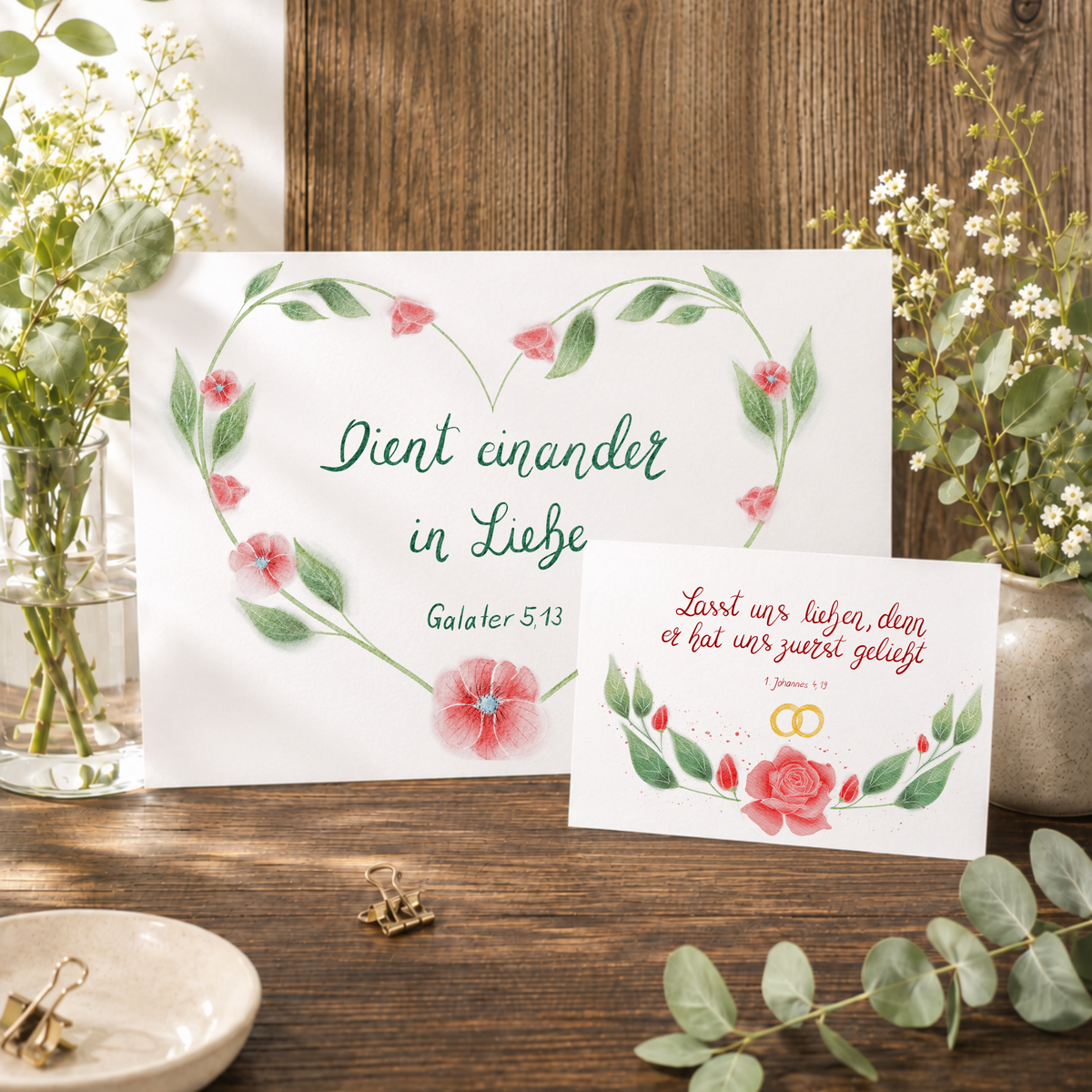 Christliches Geschenkset „Liebe, die verbindet“ – Poster Galater 5,13 & Karte 1. Johannes 4,19