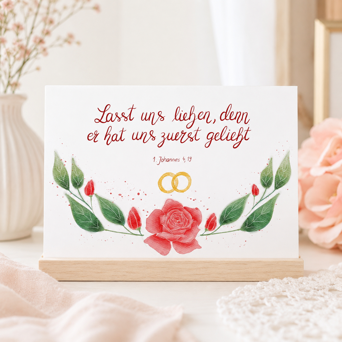 Glückwunschkarte zur Hochzeit mit Bibelvers 1. Johannes 4,19