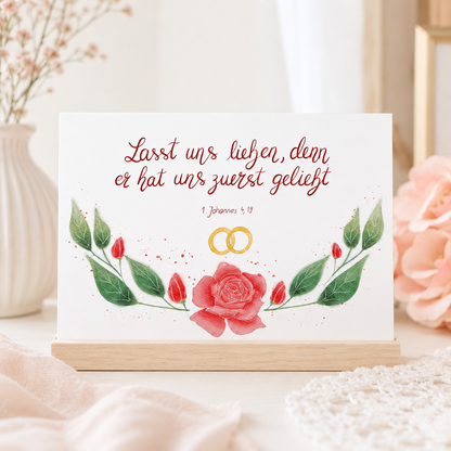 Glückwunschkarte zur Hochzeit mit Bibelvers 1. Johannes 4,19