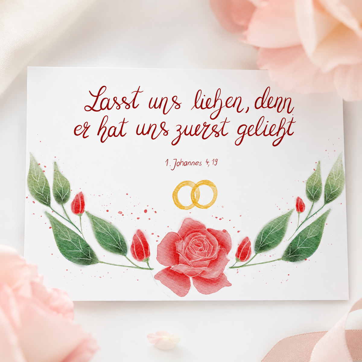 Glückwunschkarte zur Hochzeit mit Bibelvers 1. Johannes 4,19