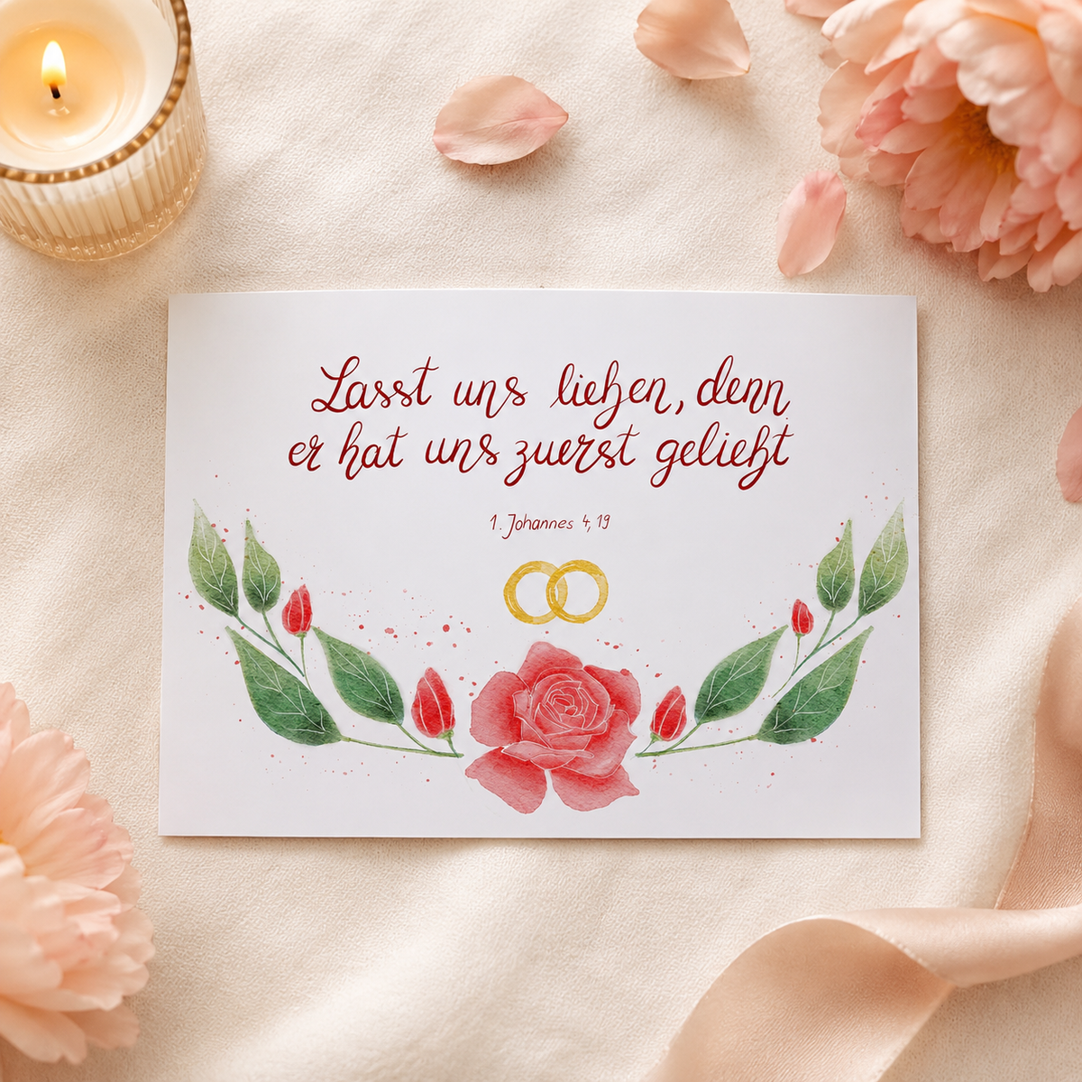 Glückwunschkarte zur Hochzeit mit Bibelvers 1. Johannes 4,19