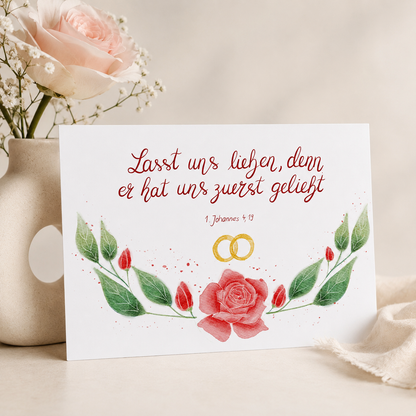 Glückwunschkarte zur Hochzeit mit Bibelvers 1. Johannes 4,19