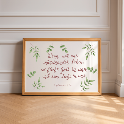 Christliches Poster mit Bibelvers 1. Johannes 4,12 - Hoffnung &amp; Ermutigung