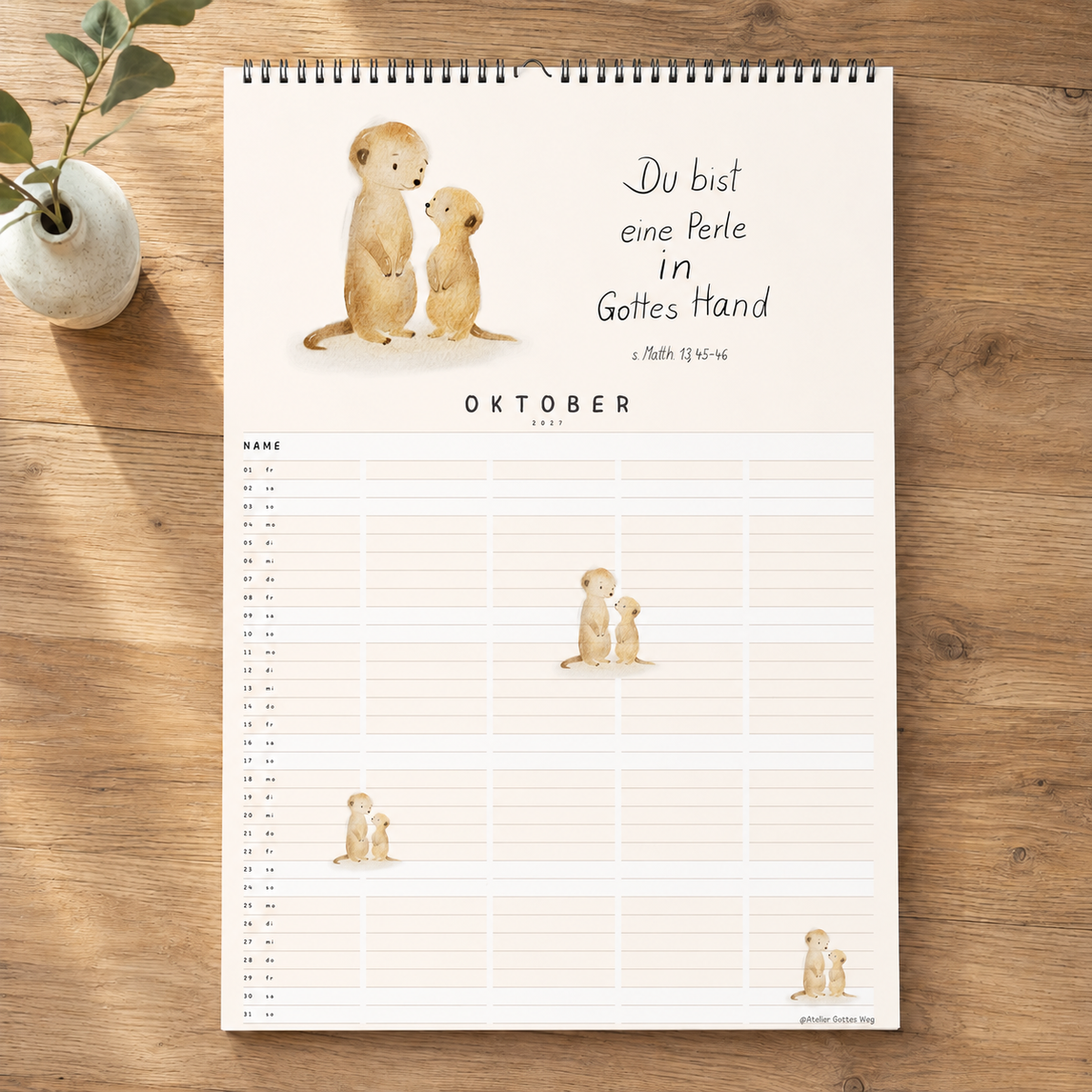Familienplaner „Unendlich geliebt“ – Christlicher A3 Familienkalender mit Bibelversen &amp; Tieren in Aquarell | 6 Spalten