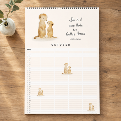 Familienplaner „Unendlich geliebt“ – Christlicher A3 Familienkalender mit Bibelversen &amp; Tieren in Aquarell | 6 Spalten