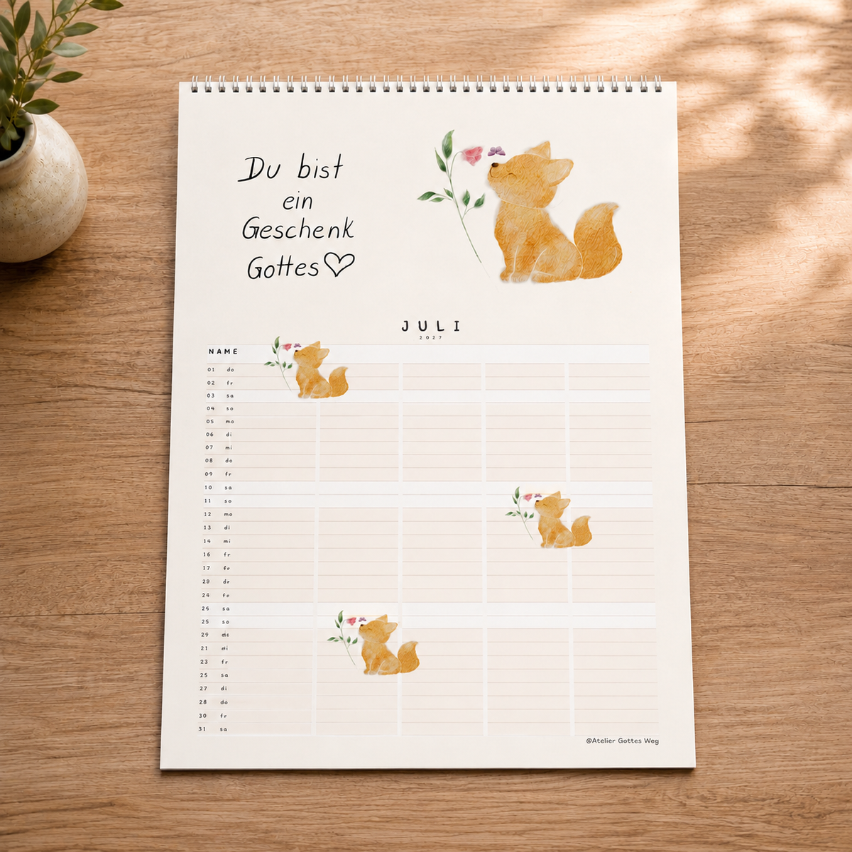 Familienplaner „Unendlich geliebt“ – Christlicher A3 Familienkalender mit Bibelversen &amp; Tieren in Aquarell | 6 Spalten