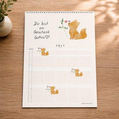 Familienplaner „Unendlich geliebt“ – Christlicher A3 Familienkalender mit Bibelversen &amp; Tieren in Aquarell | 6 Spalten