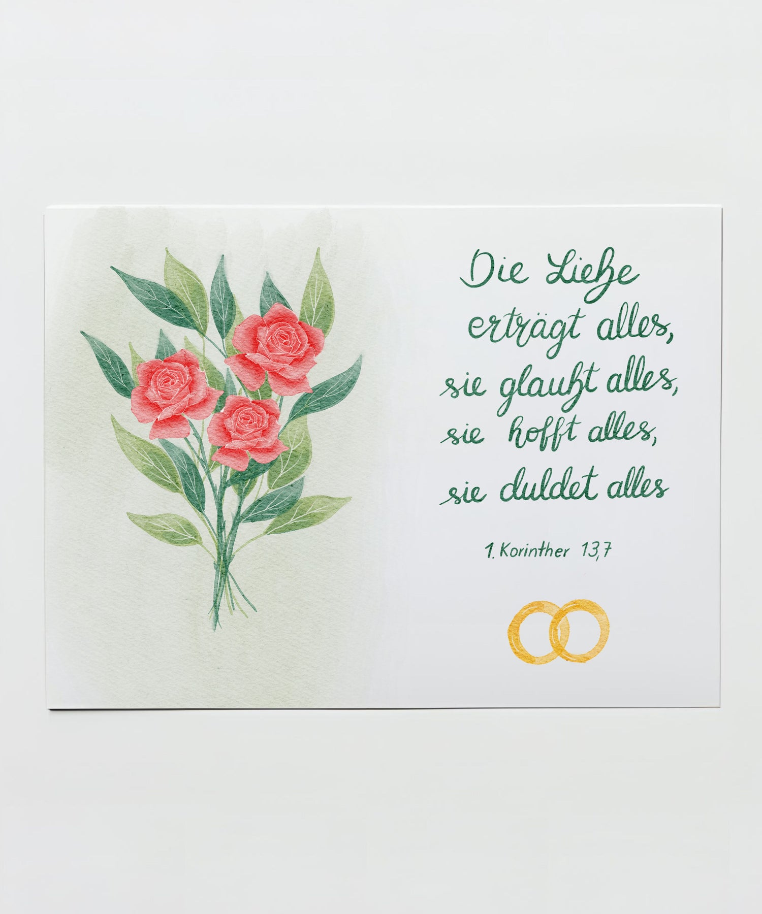 Glückwunschkarte zur Hochzeit mit Bibelvers 1. Korinther 13,7