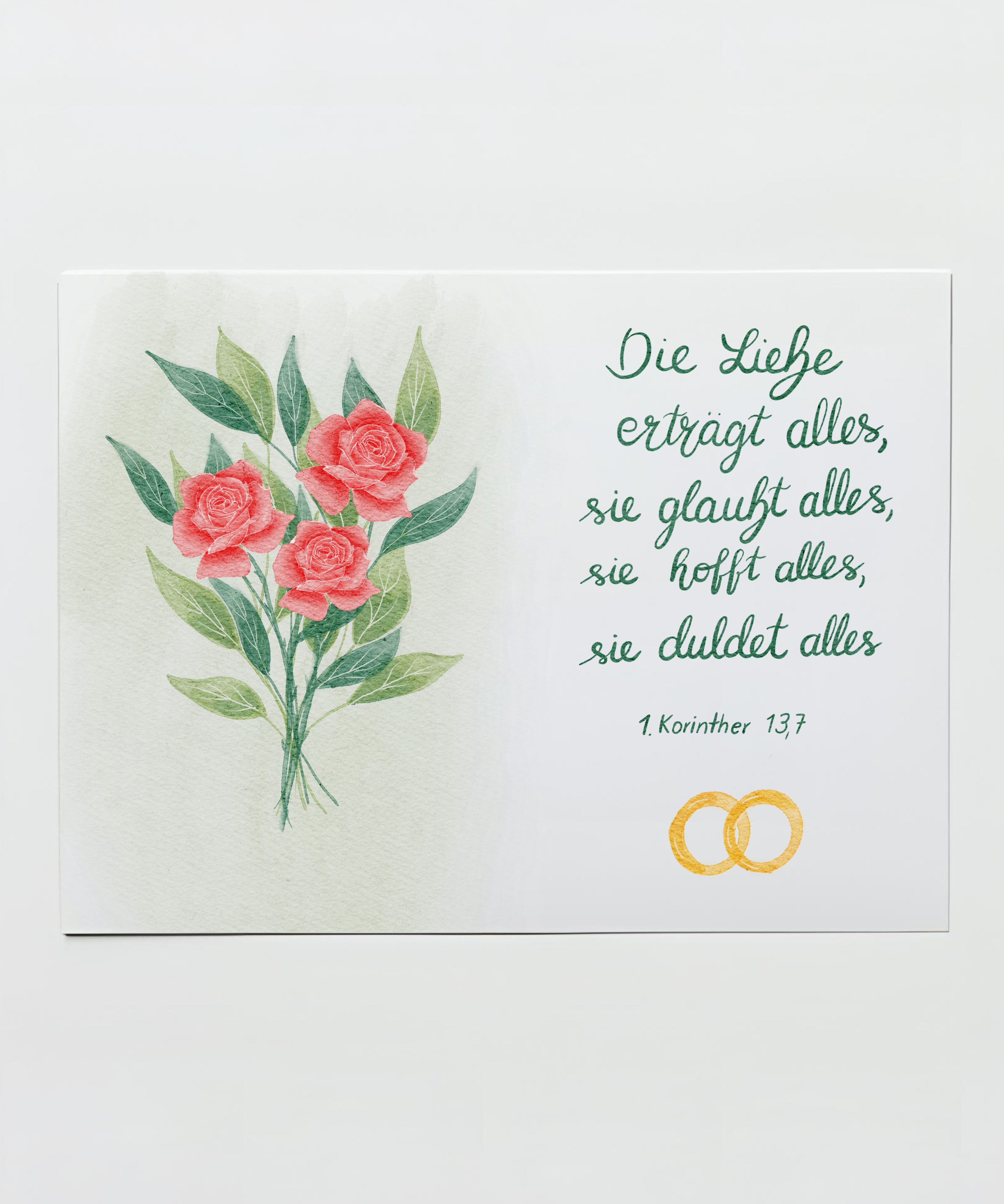 Glückwunschkarte zur Hochzeit mit Bibelvers 1. Korinther 13,7