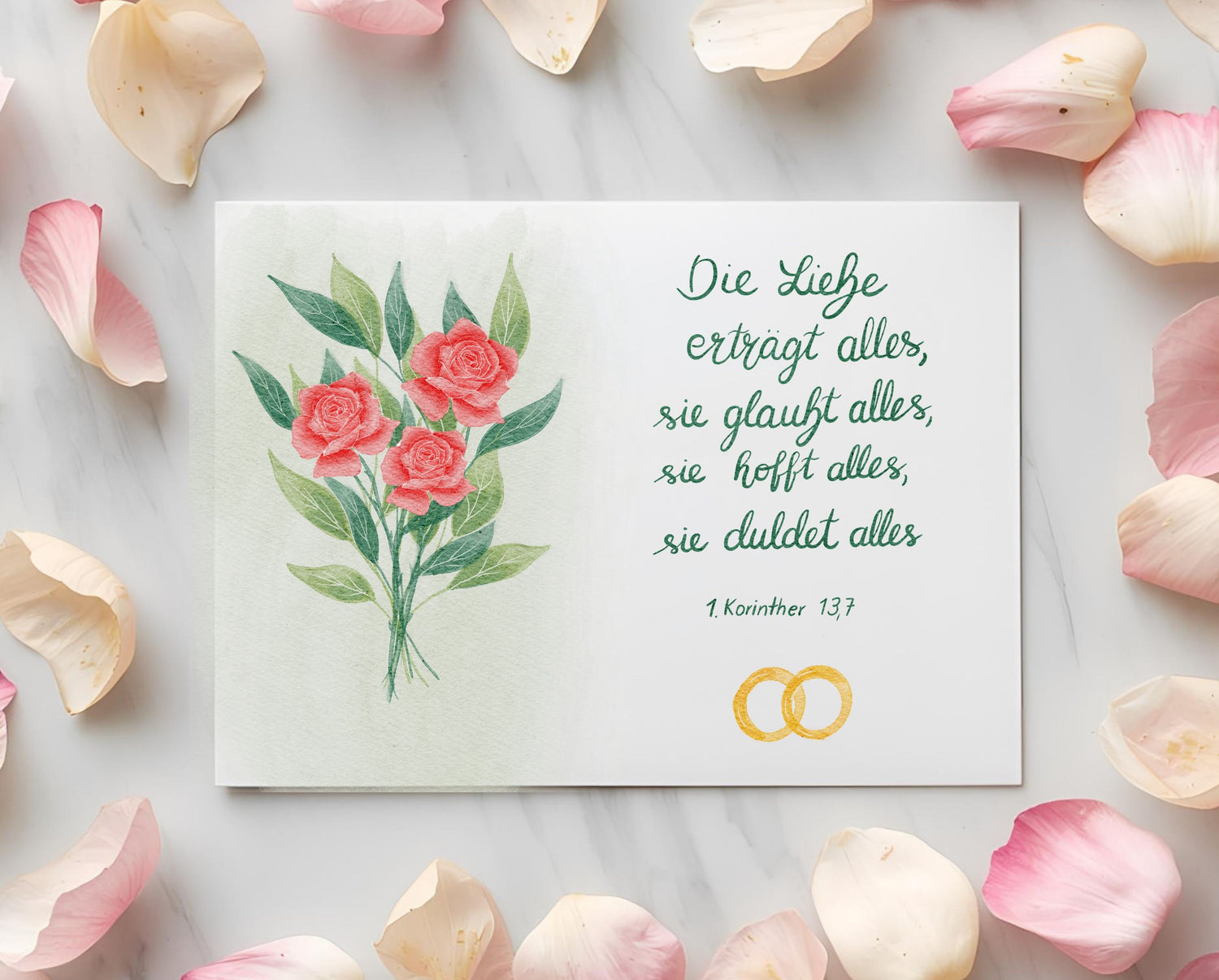 Glückwunschkarte zur Hochzeit mit Bibelvers 1. Korinther 13,7