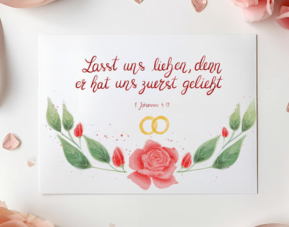 Glückwunschkarte zur Hochzeit mit Bibelvers 1. Johannes 4,19