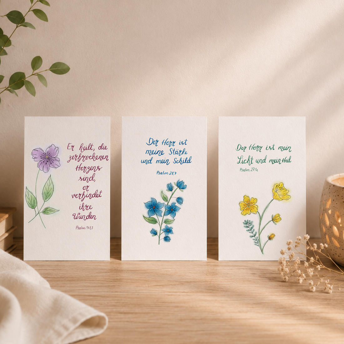 Christliches Kartenset „Trost, Kraft &amp; Zuversicht“ – Psalm 147,3, Psalm 28,7 &amp; Psalm 27,1a