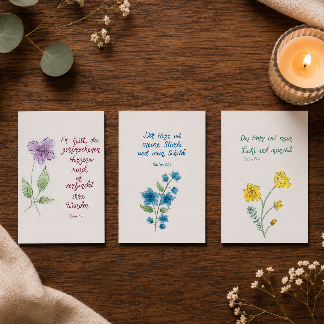 Christliches Kartenset „Trost, Kraft &amp; Zuversicht“ – Psalm 147,3, Psalm 28,7 &amp; Psalm 27,1a