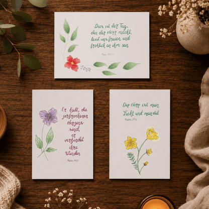 Christliches Kartenset „Hoffnung, Heilung &amp; Freude“ – Psalm 27,1a, Psalm 147,3 &amp; Psalm 118,24