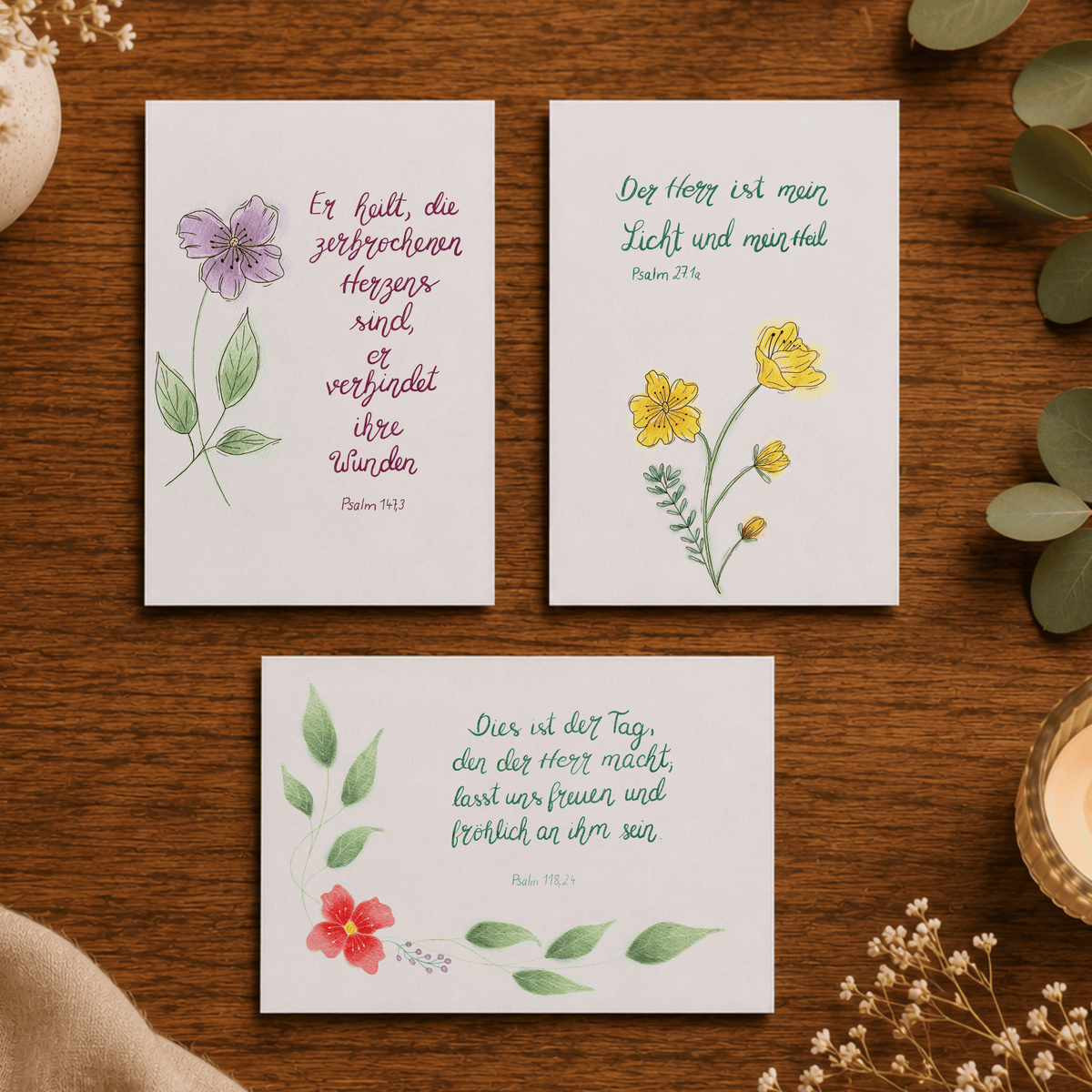 Christliches Kartenset „Hoffnung, Heilung &amp; Freude“ – Psalm 27,1a, Psalm 147,3 &amp; Psalm 118,24