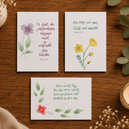 Christliches Kartenset „Hoffnung, Heilung &amp; Freude“ – Psalm 27,1a, Psalm 147,3 &amp; Psalm 118,24