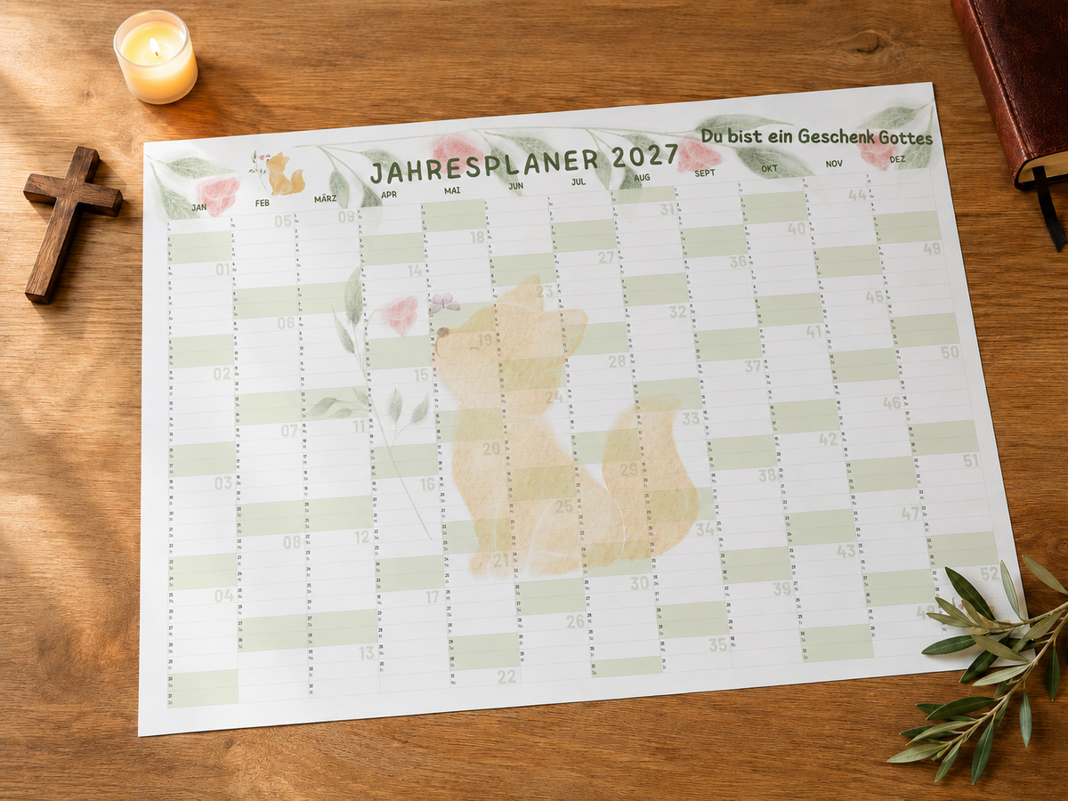 Christlicher Plakatkalender „Du bist ein Geschenk Gottes“ – A2 Jahreskalender mit Aquarell-Fuchs