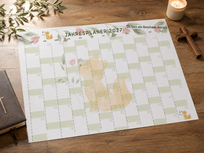 Christlicher Plakatkalender „Du bist ein Geschenk Gottes“ – A2 Jahreskalender mit Aquarell-Fuchs