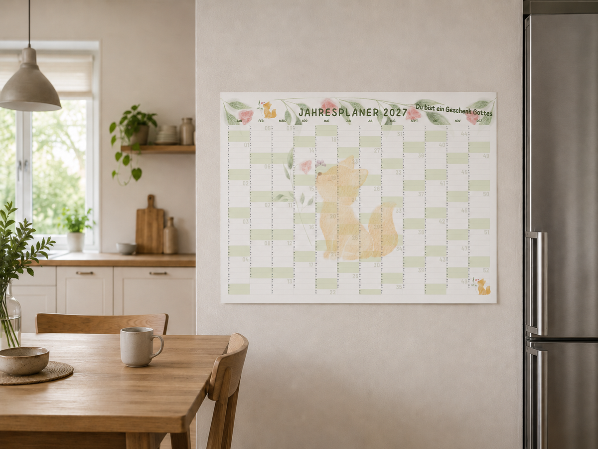 Christlicher Plakatkalender „Du bist ein Geschenk Gottes“ – A2 Jahreskalender mit Aquarell-Fuchs