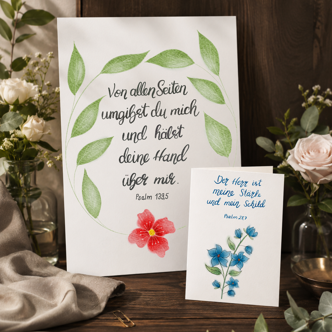 Christliches Geschenkset „Geborgen in Gottes Hand“ – Poster Psalm 139,5 &amp; Karte Psalm 28,7