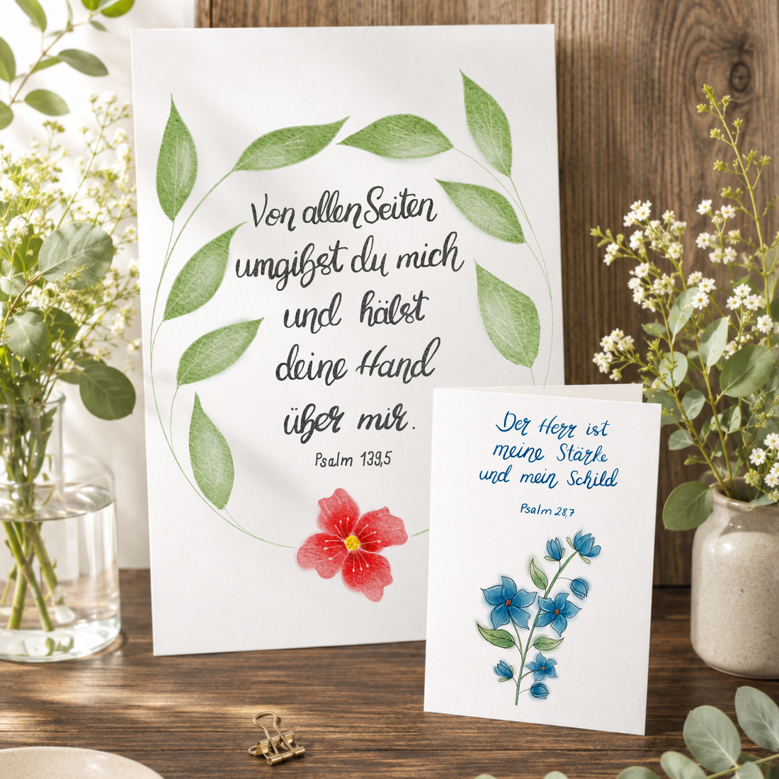 Christliches Geschenkset „Geborgen in Gottes Hand“ – Poster Psalm 139,5 &amp; Karte Psalm 28,7