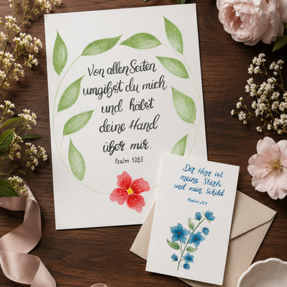 Christliches Geschenkset „Geborgen in Gottes Hand“ – Poster Psalm 139,5 &amp; Karte Psalm 28,7