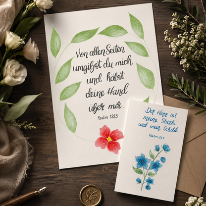 Christliches Geschenkset „Geborgen in Gottes Hand“ – Poster Psalm 139,5 &amp; Karte Psalm 28,7