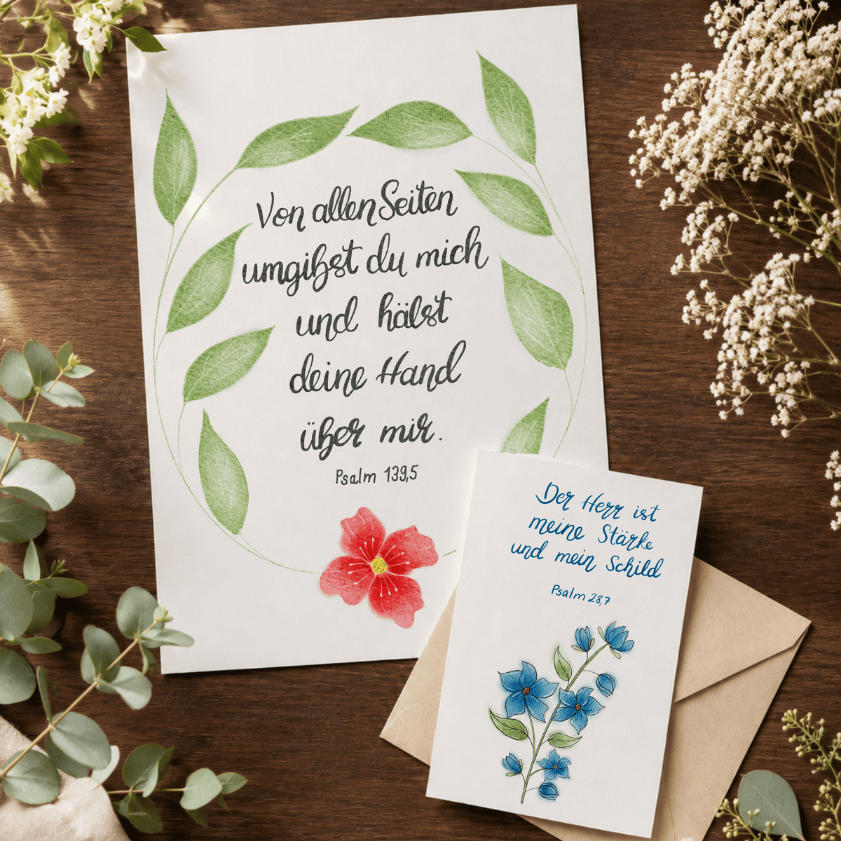 Christliches Geschenkset „Geborgen in Gottes Hand“ – Poster Psalm 139,5 &amp; Karte Psalm 28,7