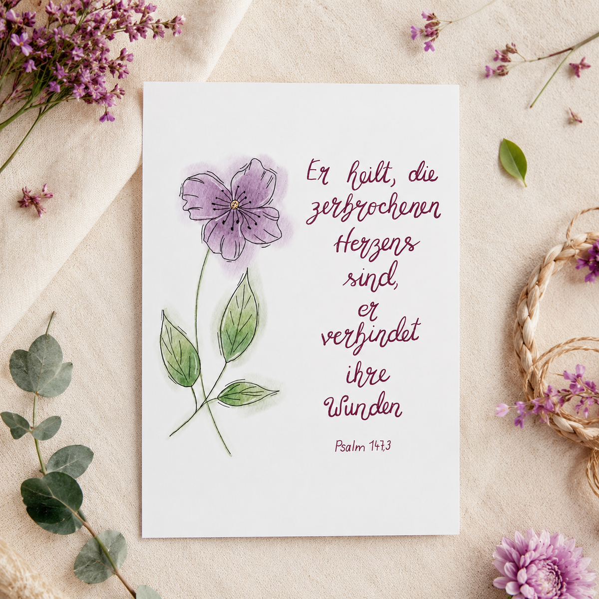 Christliche Karte mit Bibelvers Psalm 147,3 – Hoffnung &amp; Ermutigung