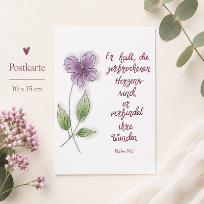 Christliche Karte mit Bibelvers Psalm 147,3 – Hoffnung &amp; Ermutigung