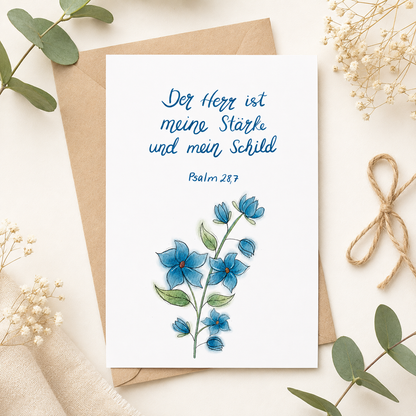 Christliche Karte mit Bibelvers Psalm 28,7  – Hoffnung &amp; Ermutigung