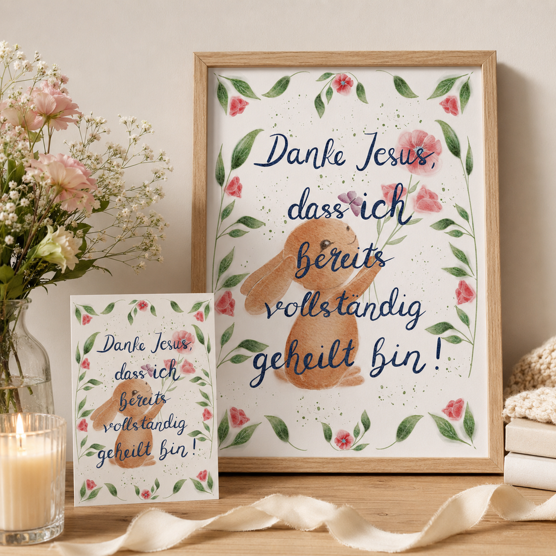 Christliches Hoffnungsset „Danke Jesus, dass ich bereits vollständig geheilt bin“ – Poster + Karte